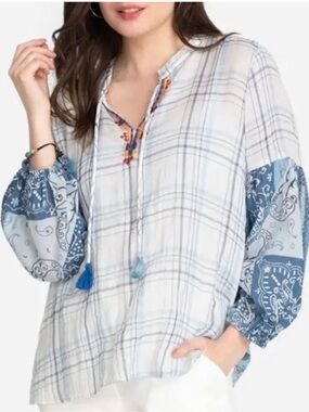 Johnny Was Women’s Size Medium Cotton Blue and White Boho Plaid Paisley Blouse